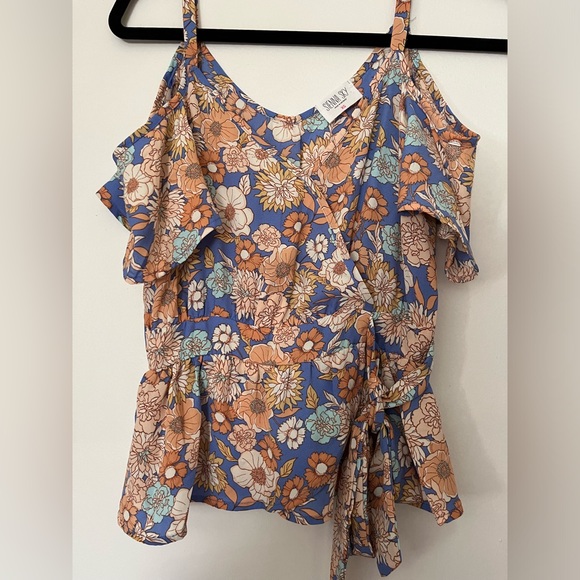 Sienna Sky Tops - Women’s Sienna Sky cold shoulder Blouse Blue and Orange Floral with tie front